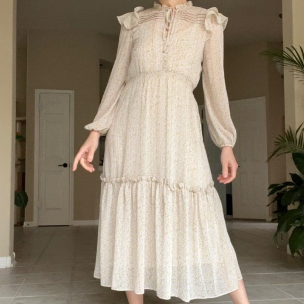 Opt Floral Tiered Ruffle Midi Dress Neutral Gold Prairie Boho Floral, Size M